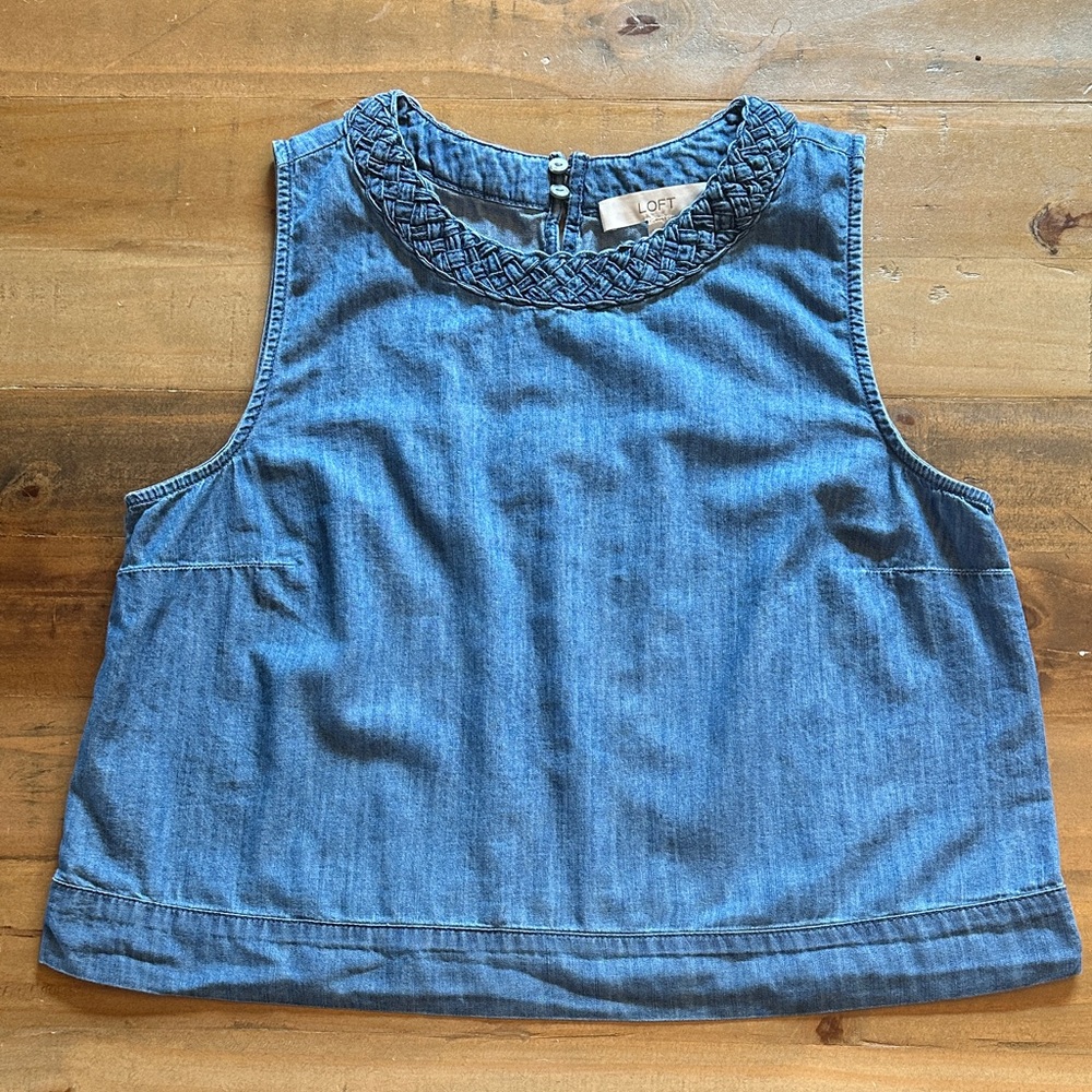 LOFT Denim Sleeveless Top with Braided Neckline
